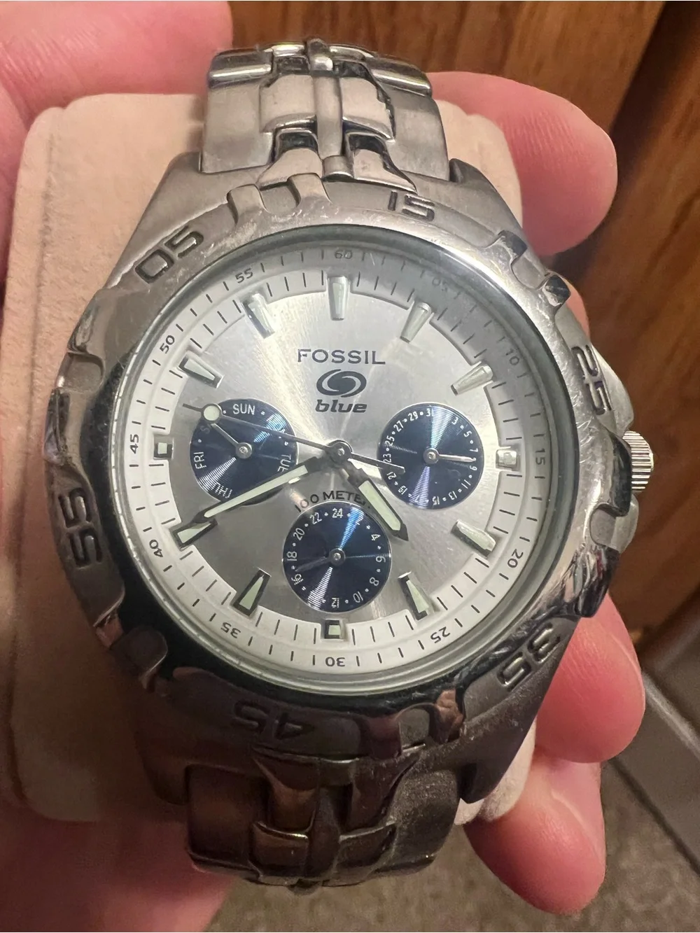 Fossil Silver Watch with Blue Subdials
